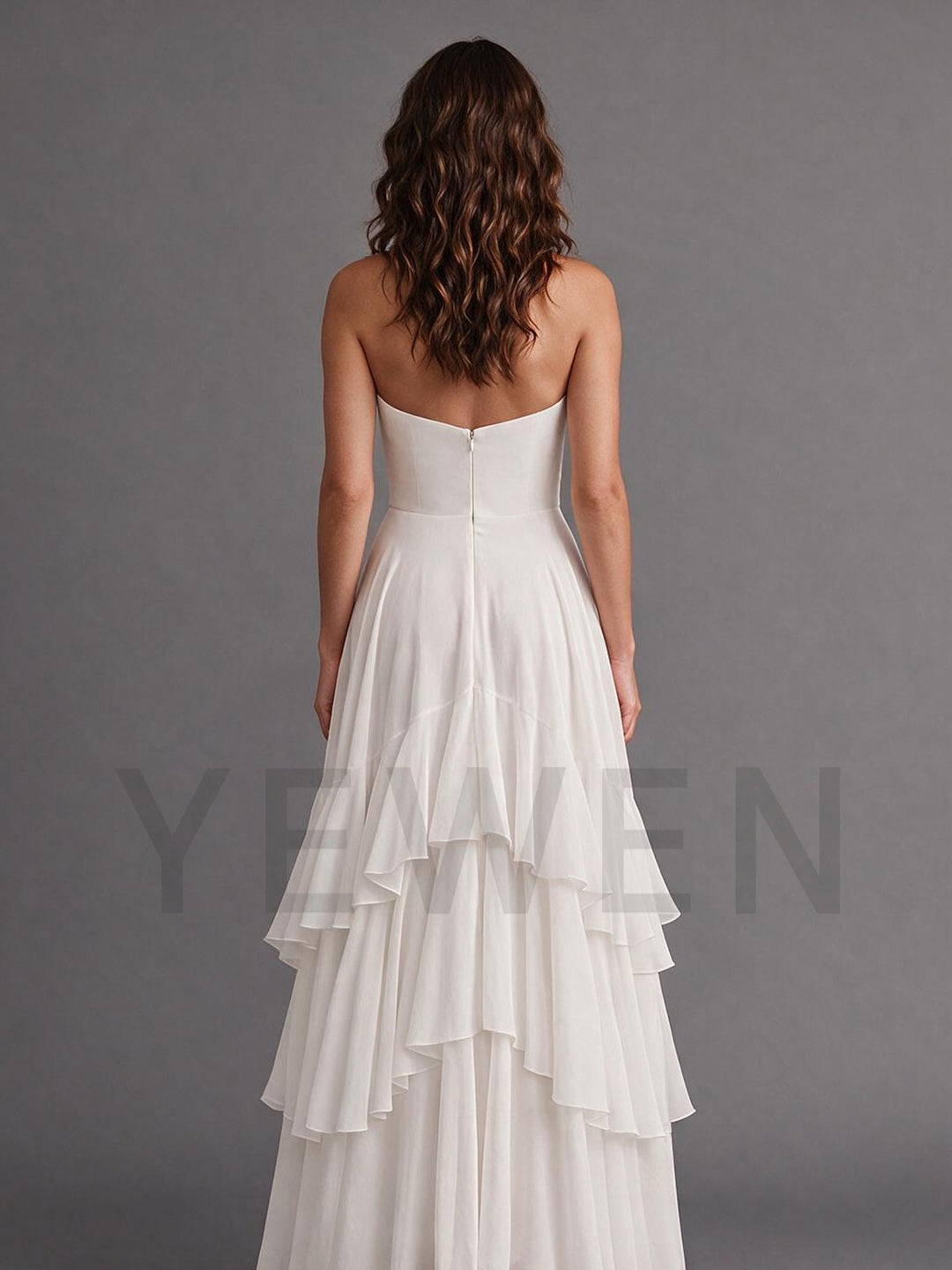 Ivory Strapless Chiffon Wedding Dress with High Slit Ruffle Skirt