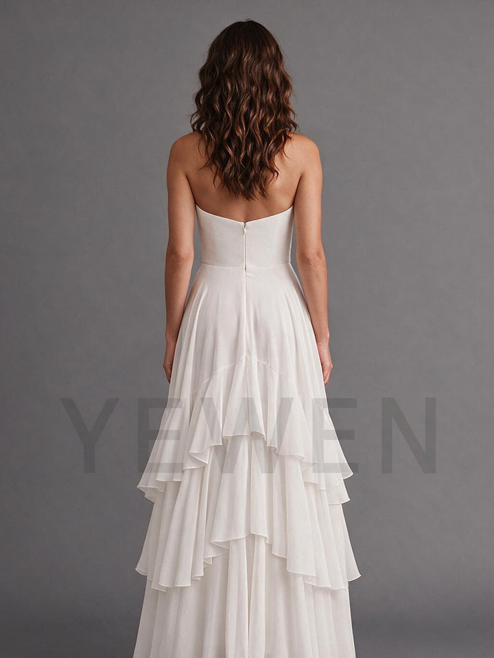 Ivory Strapless Chiffon Wedding Dress with High Slit Ruffle Skirt