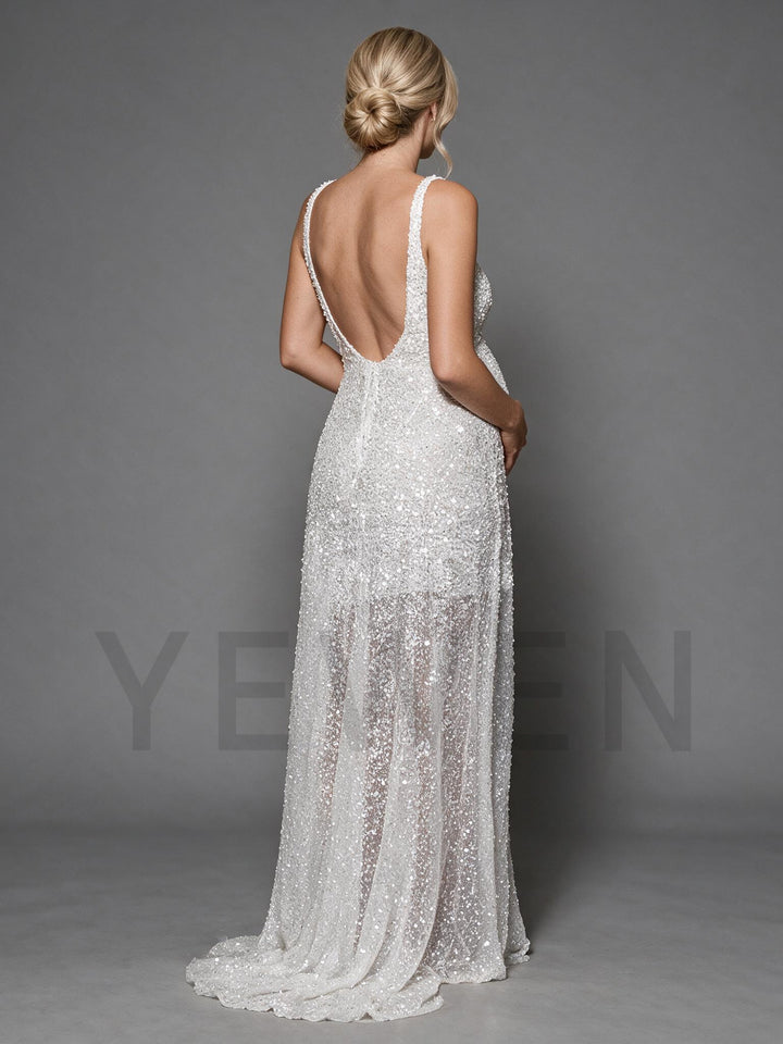 Sequin Sheer Mesh V-Neck Maternity Dress for Baby Shower YA261006