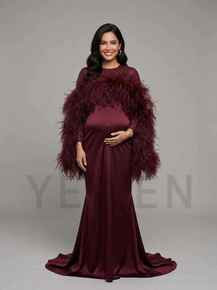 Burgundy Ostrich Feather Cape Maternity Baby Shower Dress YD260917