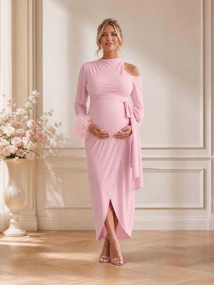 Elegant Pink Maternity Midi Dress Cold Shoulder Gown with Feather Cuffs ZX003