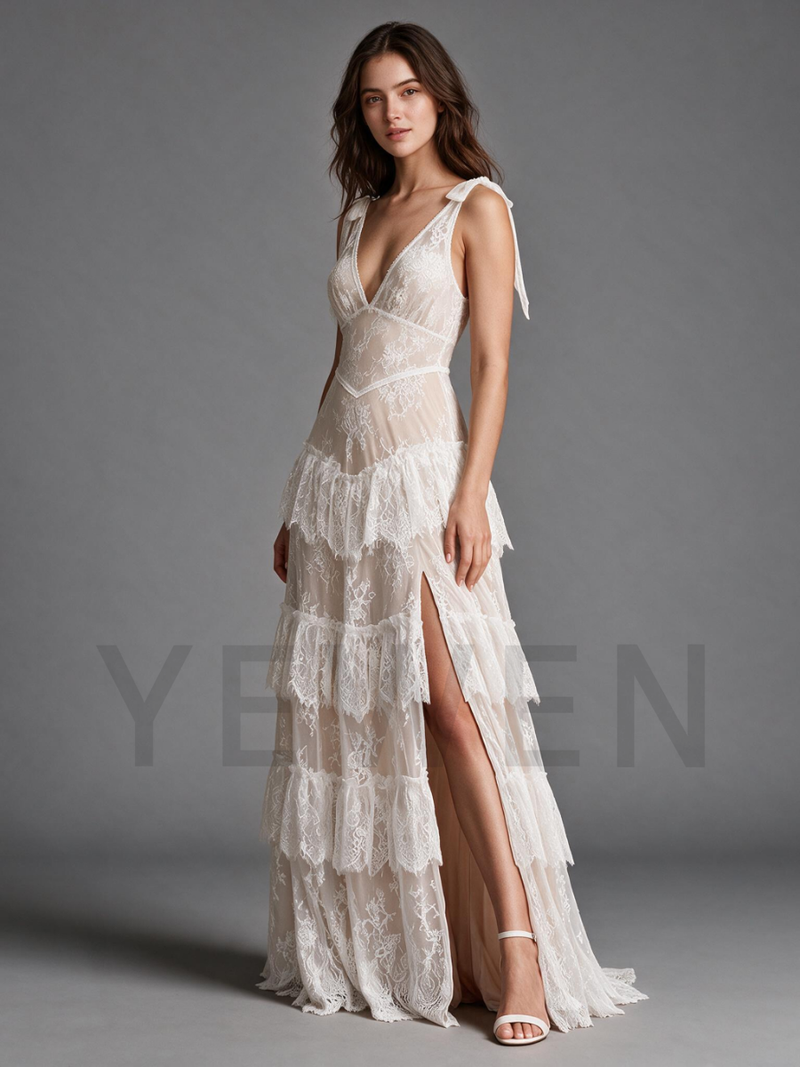 Ivory V-Neck Wedding Dress with Tie Shoulder Straps and High Slit Ruffle Skirt