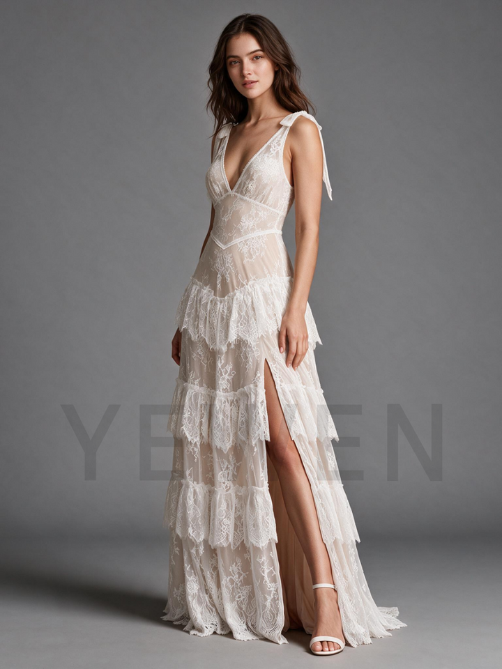 Ivory V-Neck Wedding Dress with Tie Shoulder Straps and High Slit Ruffle Skirt
