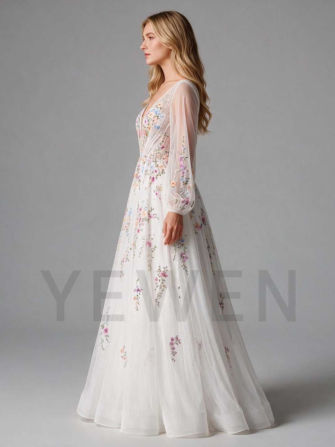Ivory Deep V-Neck Floral Wedding Dress with Sheer Long Sleeves