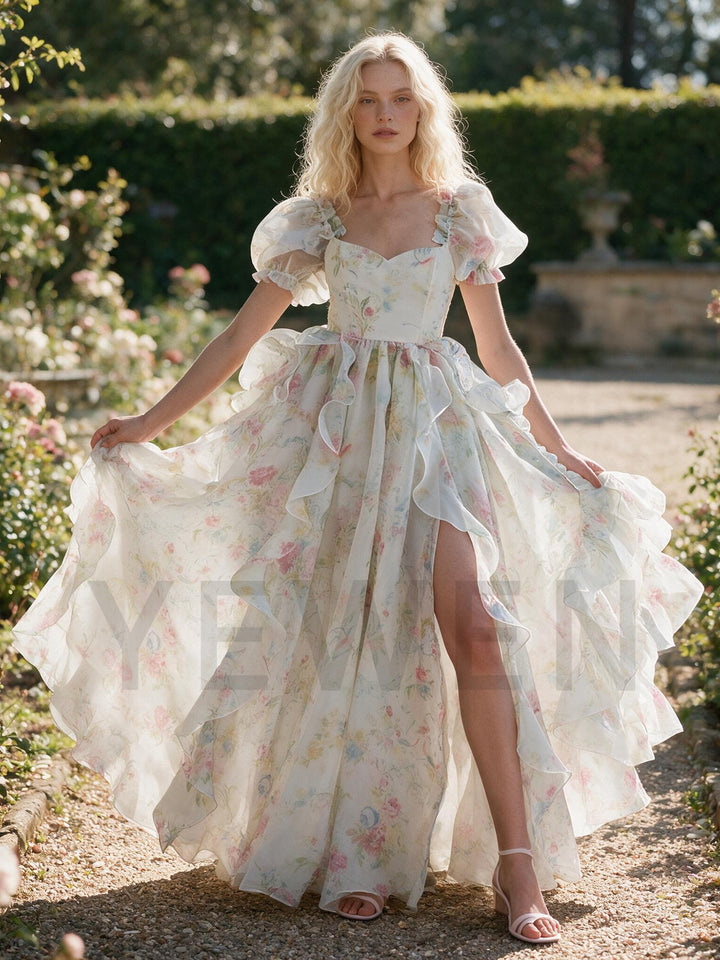 Pastel Watercolor Floral Ruffle Puff Sleeve Princess Dress YW2609274