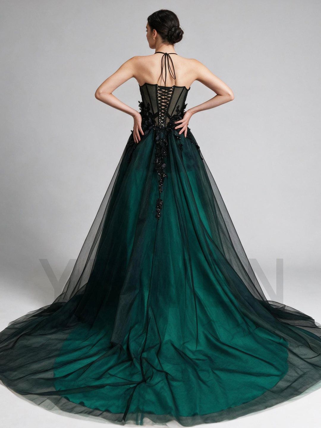 Dark Green 3D Floral Off-Shoulder Long Sleeve Lace Evening GownYX26108