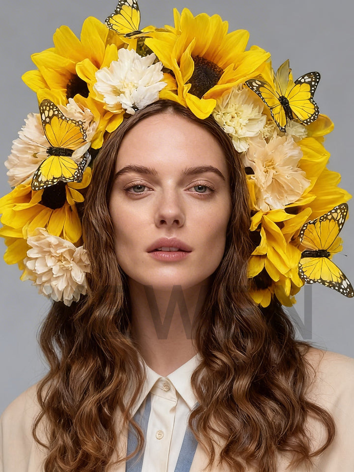 Floral Headdress Sunflowers and Butterflies Floral Crown Hair Accessories Perfect for Photoshoot Bridal Flower Headdress YW26030503D