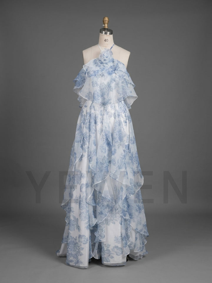 Blue Floral Halter 3D Flower Maternity Gown | Ruffle Tiered Maxi Gown