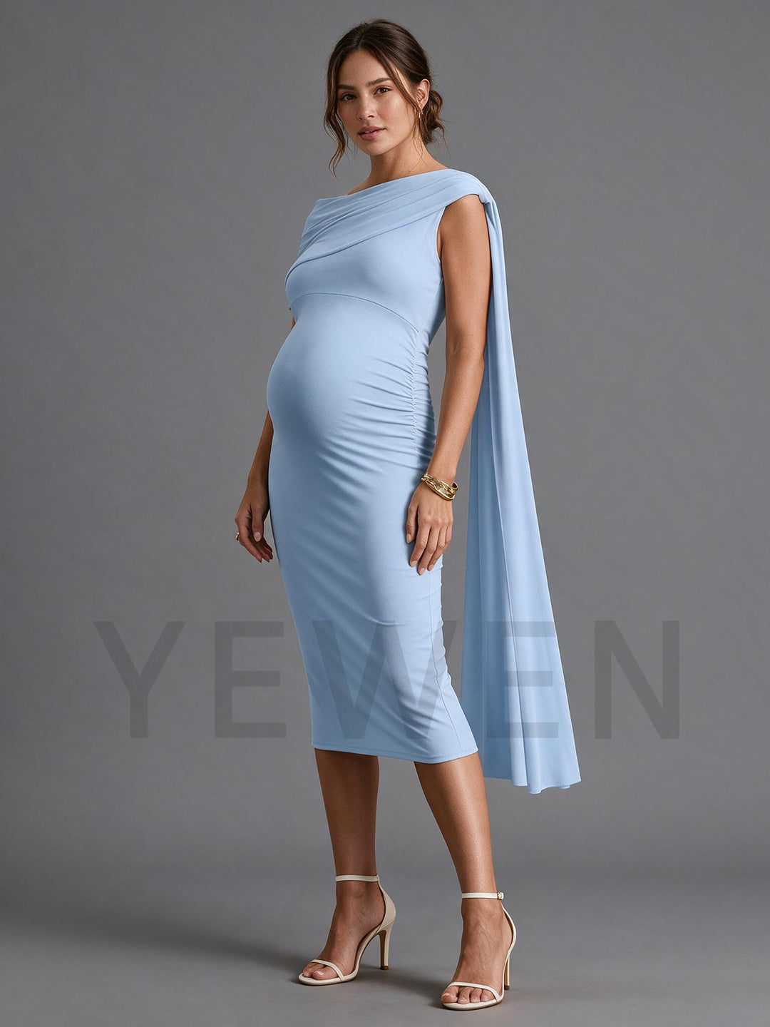 Powder Blue Ruched Maternity Gown with One Shoulder Long Drape
