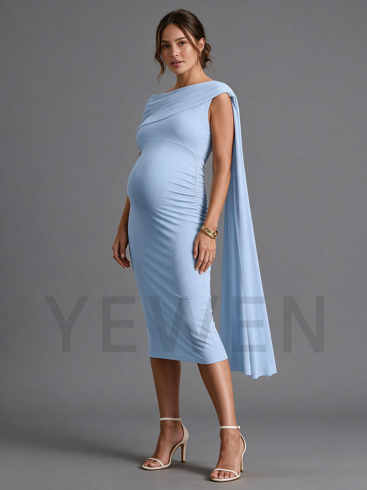 Powder Blue Ruched Maternity Gown with One Shoulder Long Drape