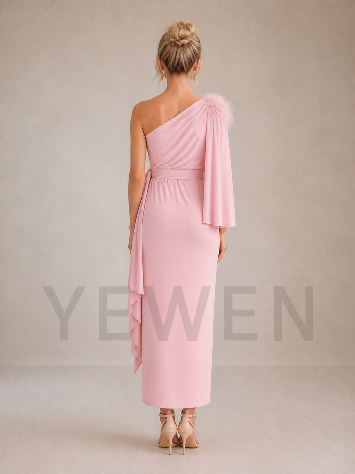 Pink One Shoulder Maternity Baby Shower Dress with Feather Cape Sleeve ZX004