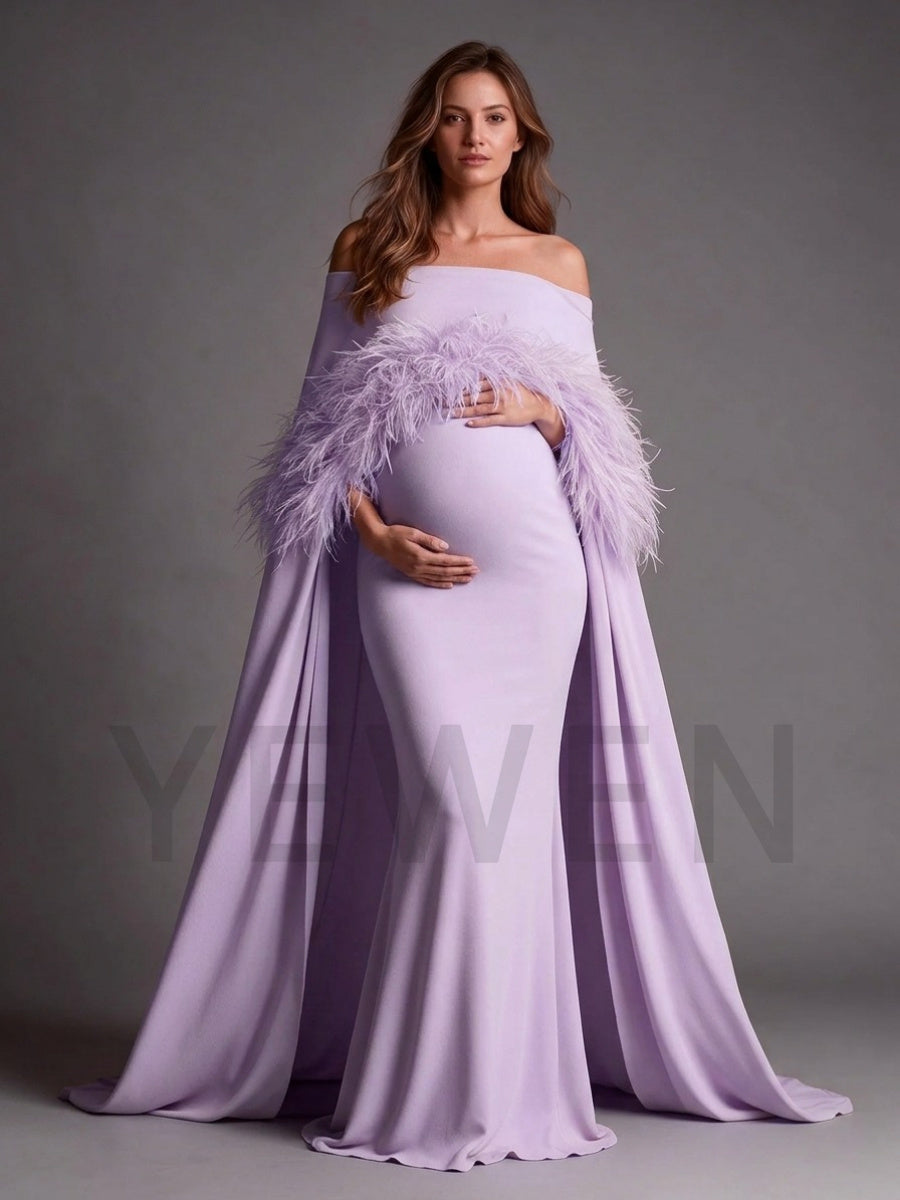 Off-Shoulder Feather Cape Pregnancy Dress for Baby Shower YW2609232