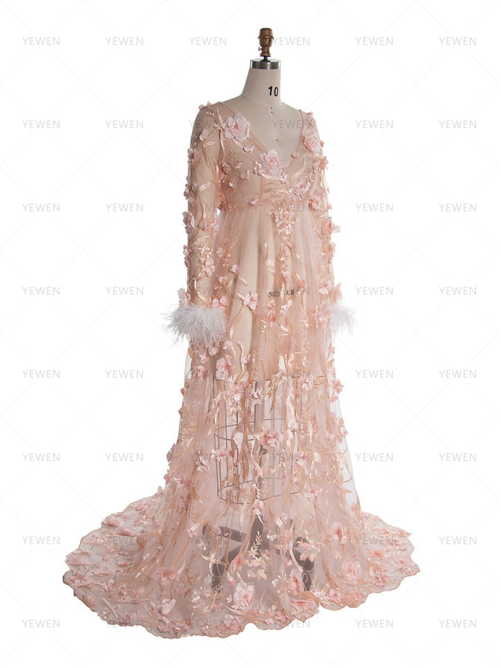 Maternity Dress with 3D Floral Lace Boho Sheer Mesh Fairy Maxi Dress Photoshoot Outfit YW250051