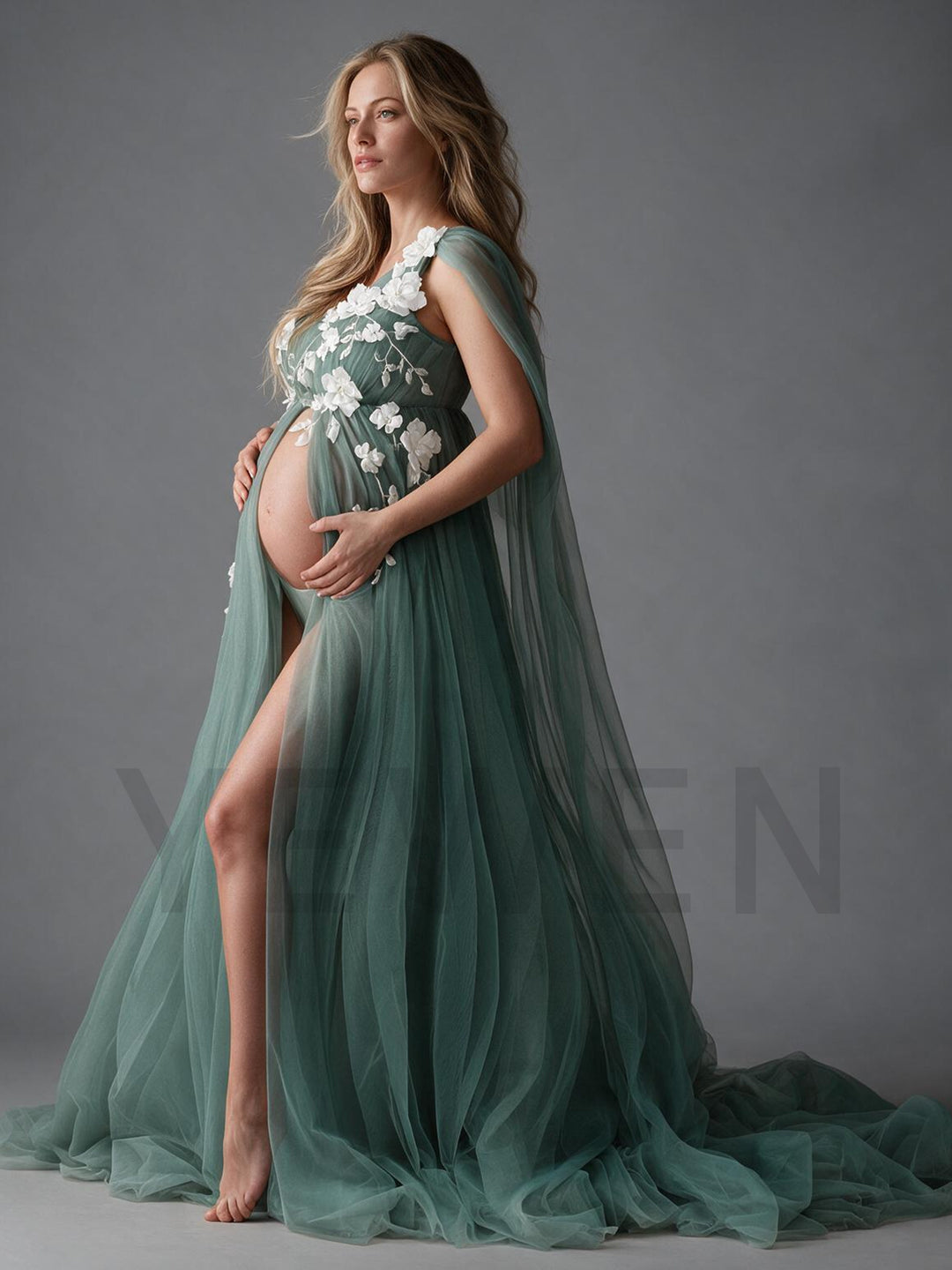 One-Shoulder 3D Floral Sheer Tulle Maternity Photoshoot Gown YW2610143