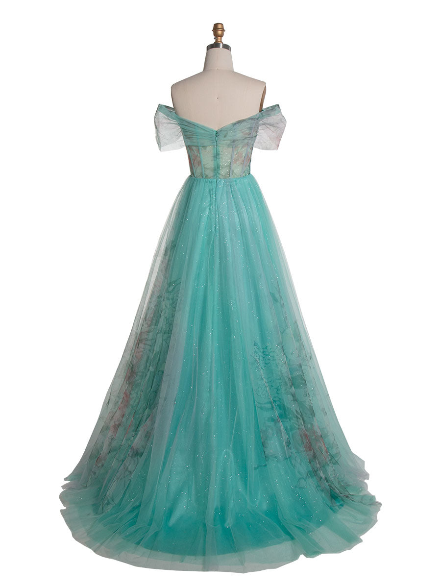 Elegant Aqua Floral Printed Off-Shoulder Prom Dress YE3022 yewendress Elegant Aqua Floral Printed Off-Shoulder Prom Dress YE3022 yewendress