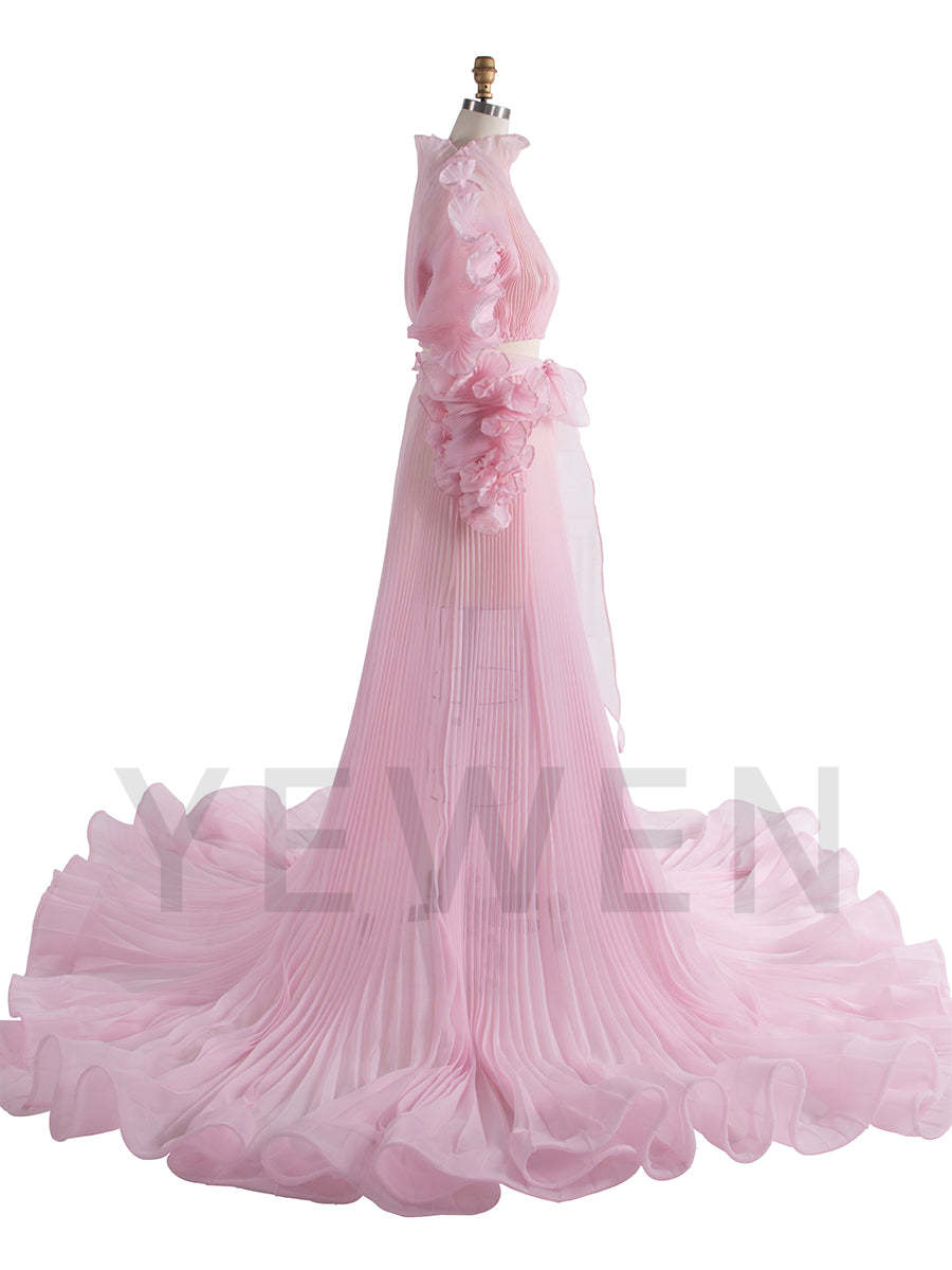 Pink Color 2 Piece Set Pleated Organza Maternity Dresses for Photoshoot Sheer Dress for Maternity Baby Shower YW250013-1