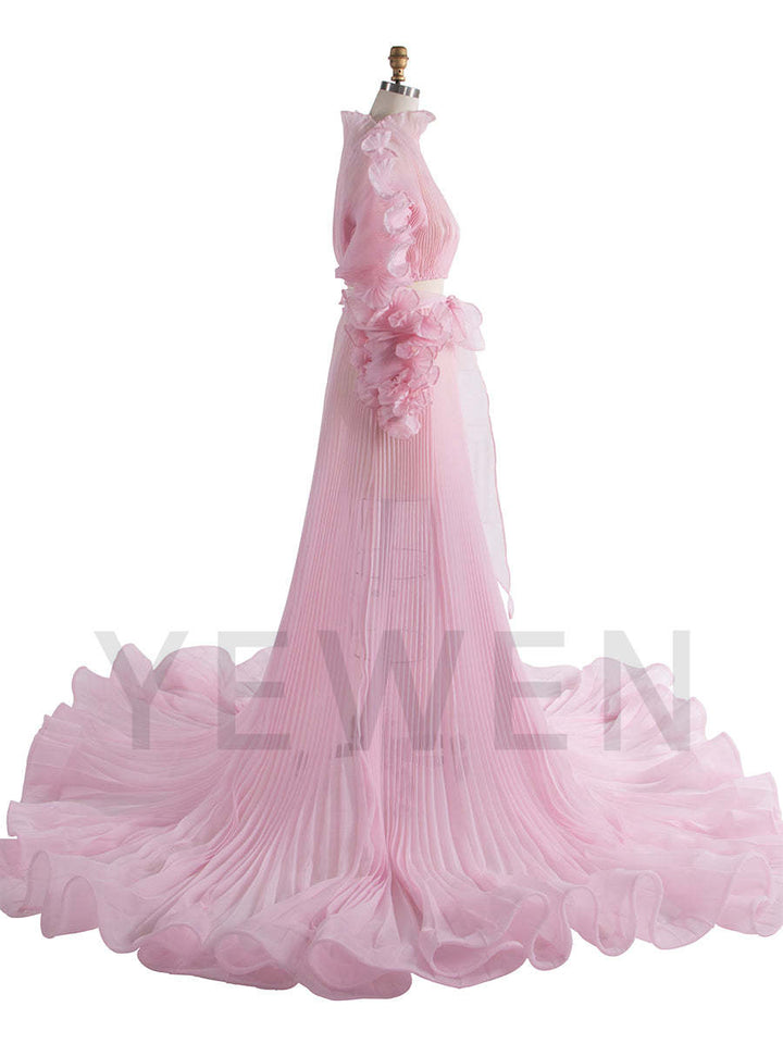 Pink Color 2 Piece Set Pleated Organza Maternity Dresses for Photoshoot Sheer Dress for Maternity Baby Shower YW250013-1
