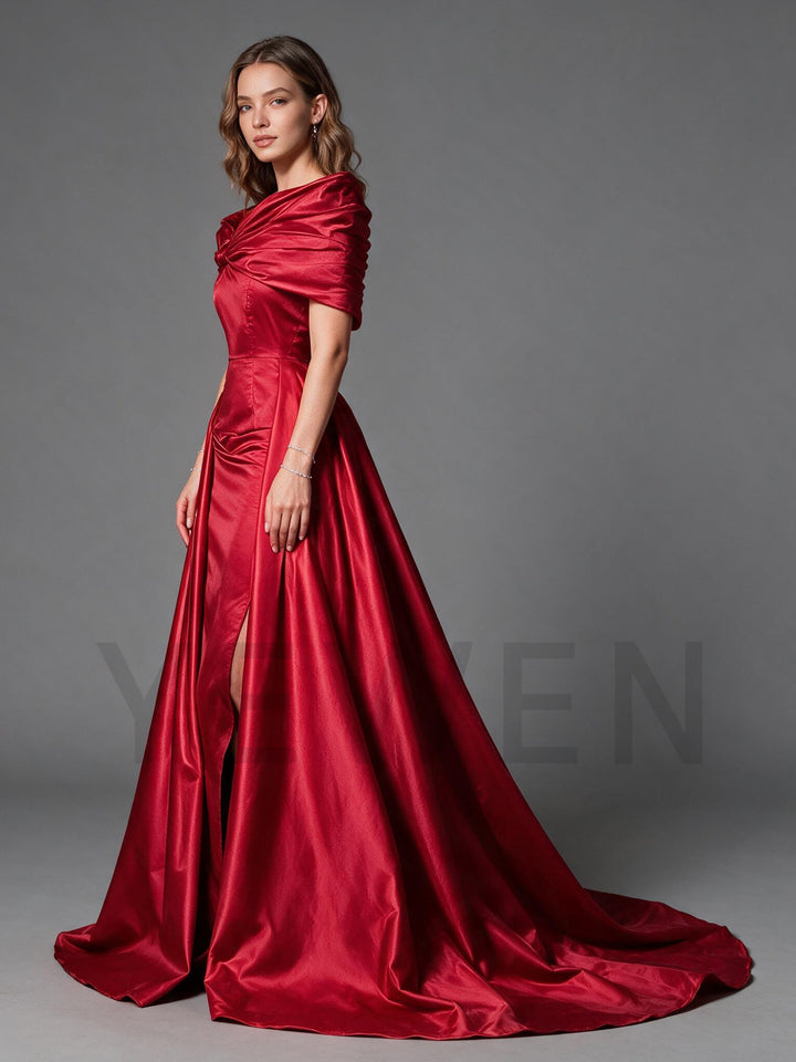 Red Off-Shoulder Draped Twist Boned Corset Christmas Dress YW2609283