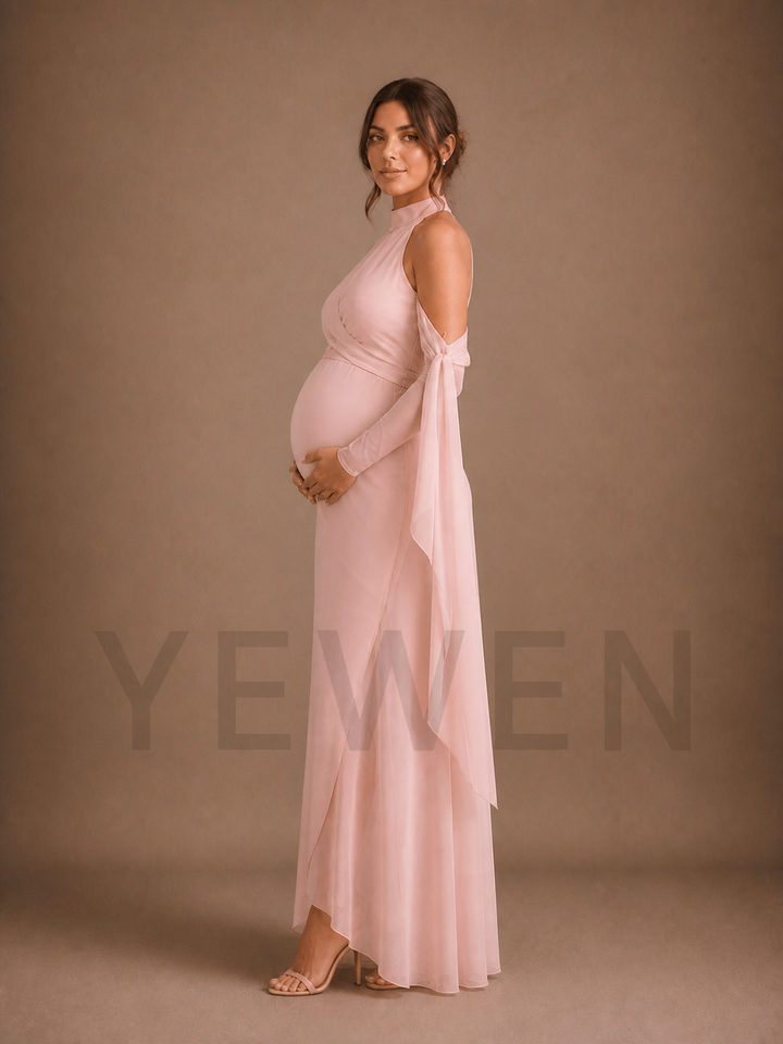 Blush Pink Halter Maternity Baby Shower Dress Maternity Maxi Dress ZX021