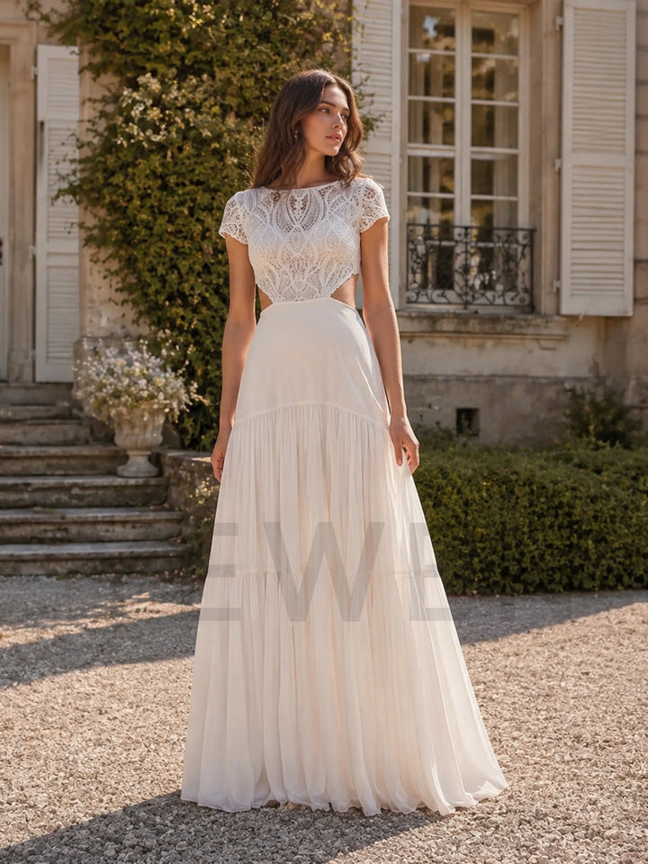 Ivory Illusion Short Sleeve Cutout Waist Lace Boho Wedding Dress