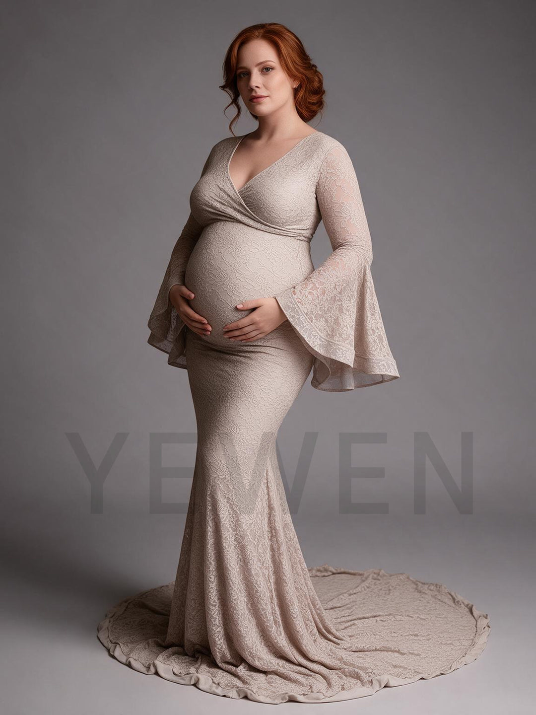 Lace Bell Sleeve V-Neck Mermaid Maternity Photoshoot Gown YW2609307