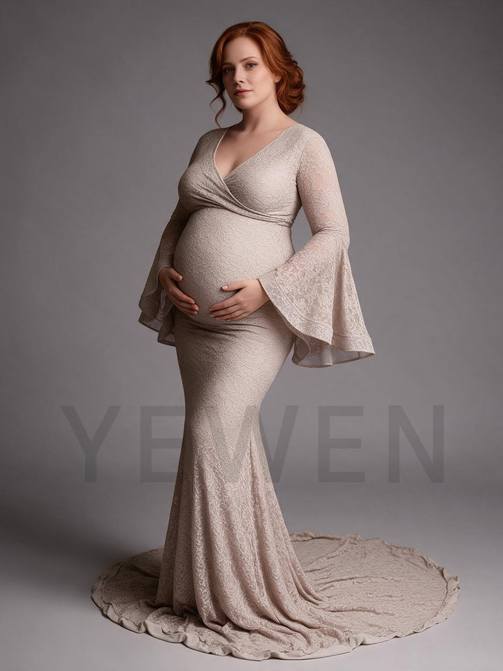 Lace Bell Sleeve V-Neck Mermaid Maternity Photoshoot Gown YW2609307