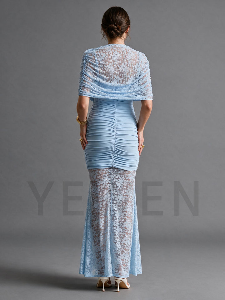 Light Blue Lace Cape Maternity Maxi Dress Baby Shower