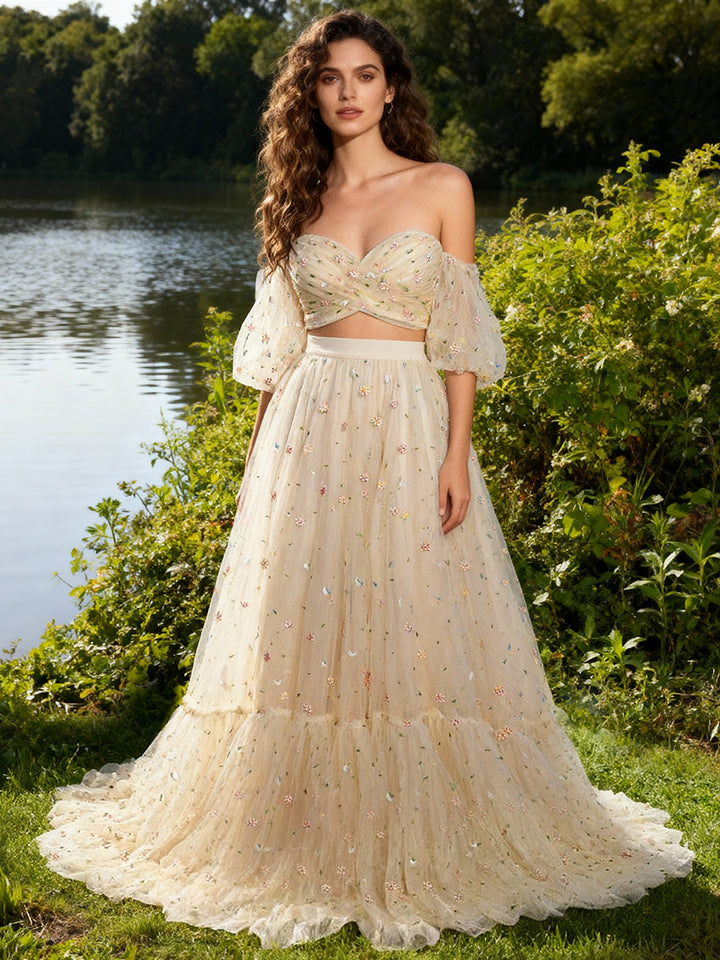 New Tulle with Embroidered Woman 2 Pieces Set Gown Elastic Waist Photo Shoots Dress YW231030