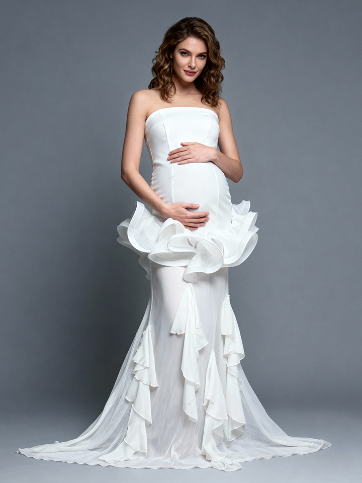 Elegant White Strapless Mermaid Maternity Dress Unique Spandex Pregnancy Gown