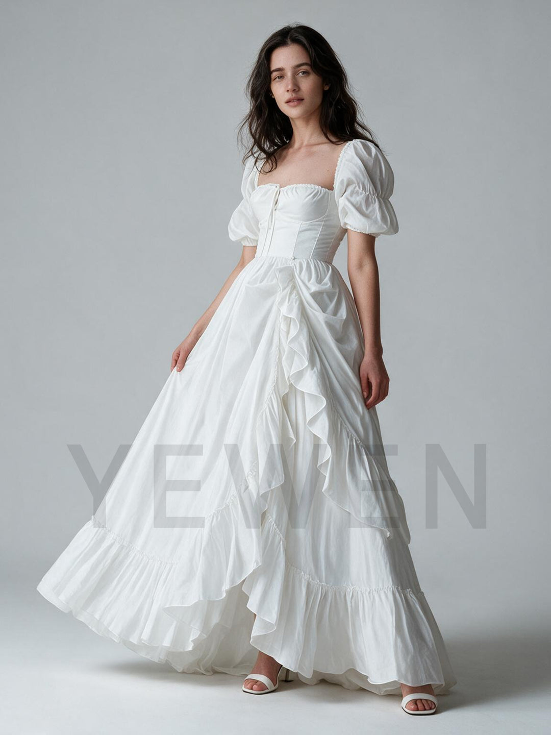 Square Neck Puff Sleeve Corset Tiered Ruffle Princess Dress YW2610152