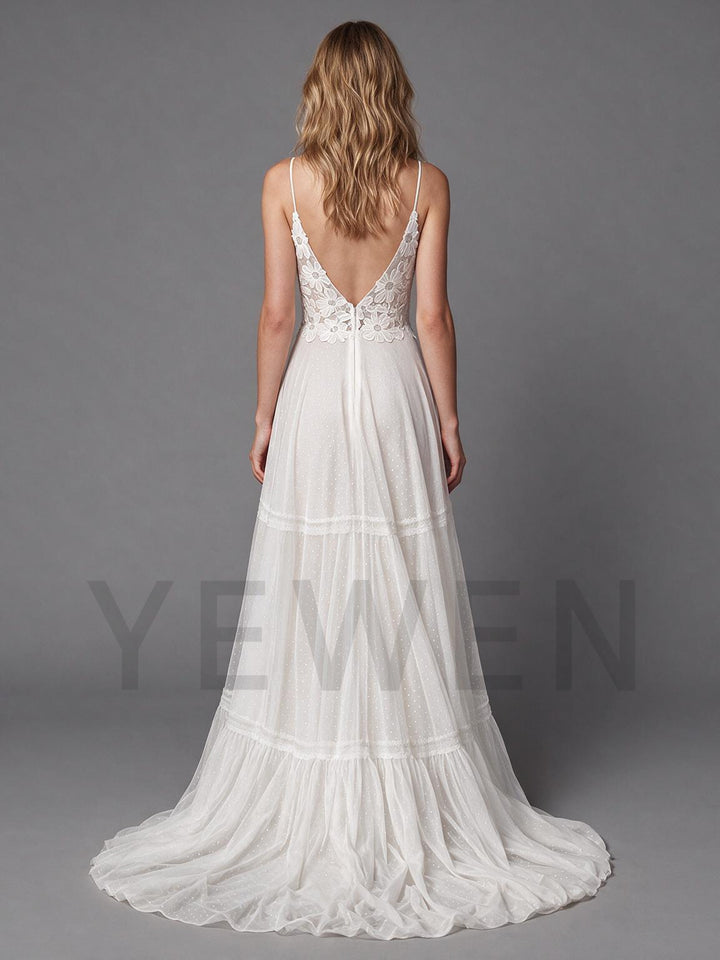 Ivory Spaghetti Strap V-Neck Floral Lace Boho Wedding Dress