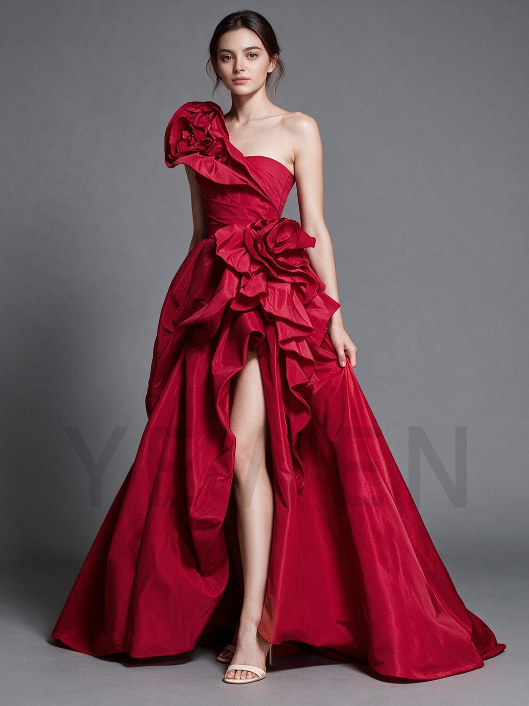 Red One-Shoulder 3D Rose High Slit Ruffle Christmas Dress YW2610092