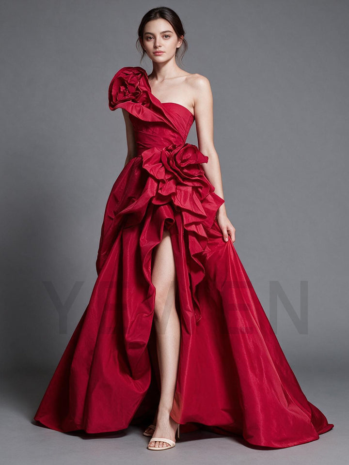 Red One-Shoulder 3D Rose High Slit Ruffle Christmas Dress YW2610092