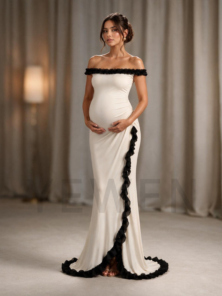 Ivory Off-Shoulder Black Ruffle Trim Maternity Baby Shower Dress L-26925