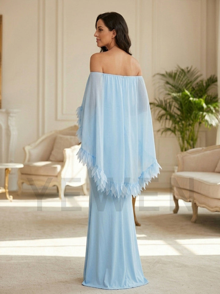 Light Blue Maternity Baby Shower Dress With Off-Shoulder Cape And Feather Trim YD260831