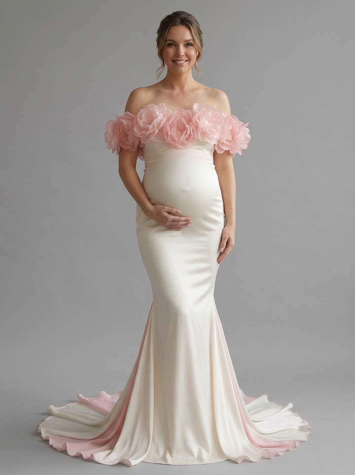 Off-Shoulder 3D Floral Mermaid Maternity Photoshoot Gown YD260926
