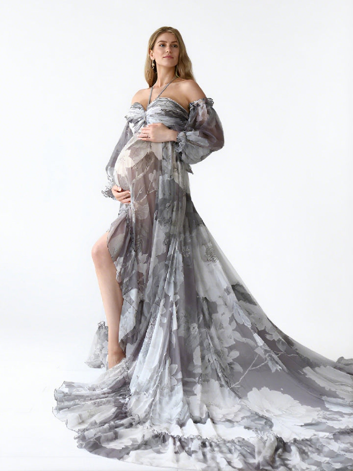 Bohemian Printed Chiffon Maternity Dress for Photoshoot Pregnancy Dress Photoshoot YW240526