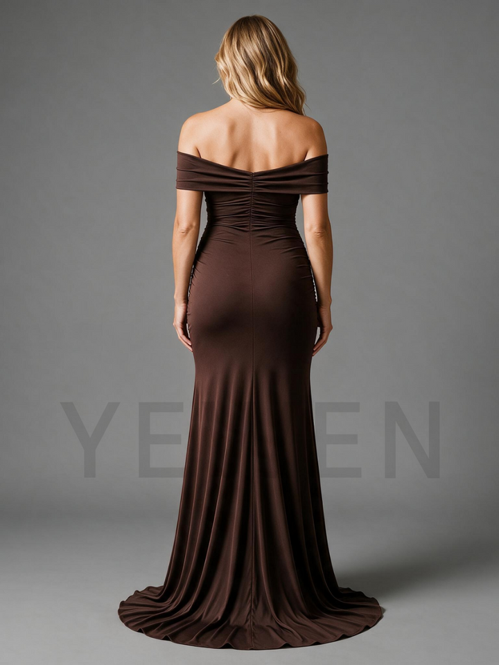 Brown Off-Shoulder Slit Maternity Dress For Baby Shower