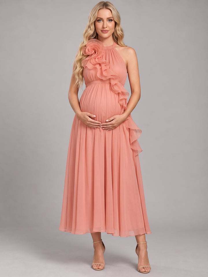 Halter 3D Floral Ruffle Chiffon Maternity Baby Shower Dress L-26936