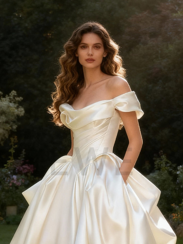 A Line Satin Wedding Dress Off The Shoulder Bridal Dress