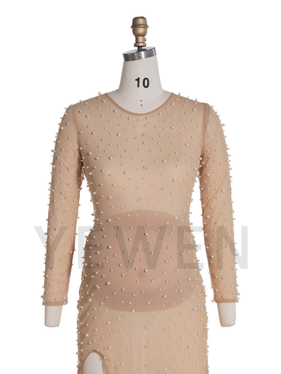 Stretchy Mesh Pearls Maternity Fitted Dress for Photoshoot