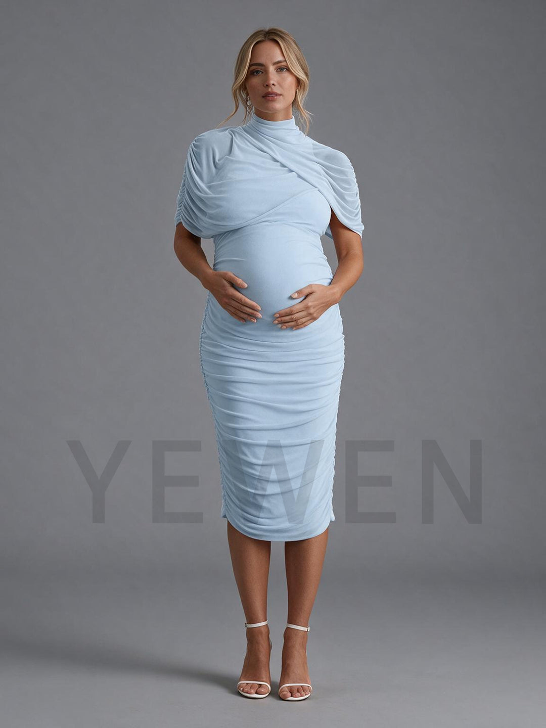 High Neck Draped Pearl Seam Fitted Maternity Dress for Baby Shower