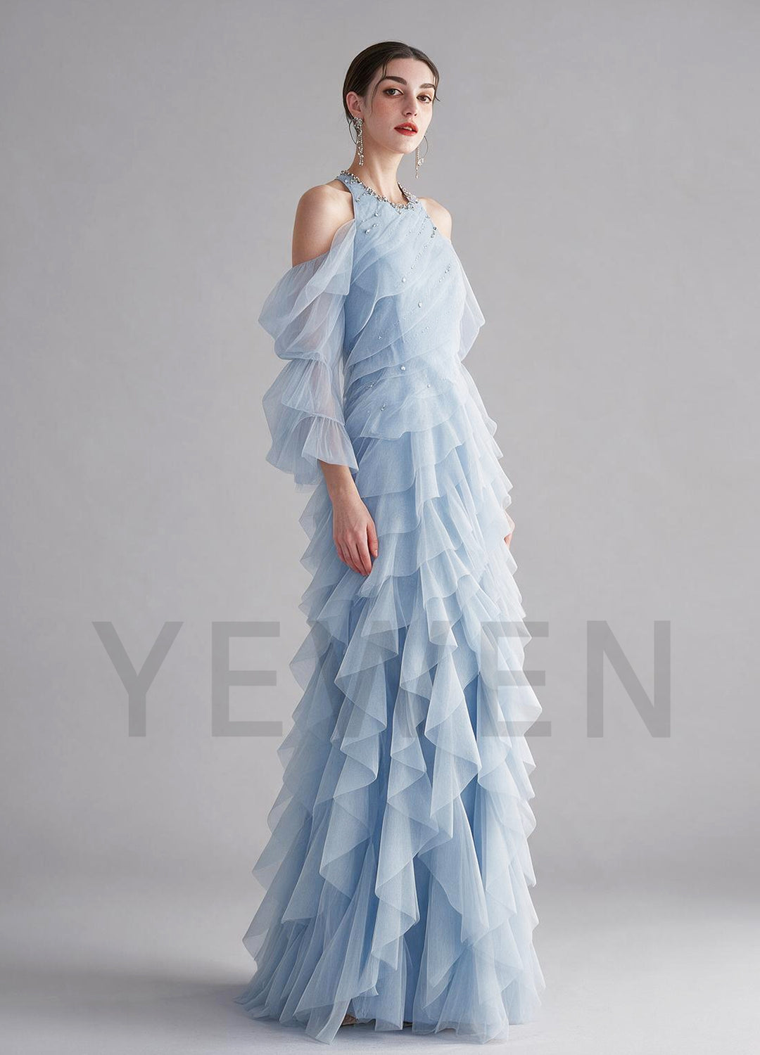 Halter Beaded Neckline Tiered Ruffle Tulle Evening Gown YX005
