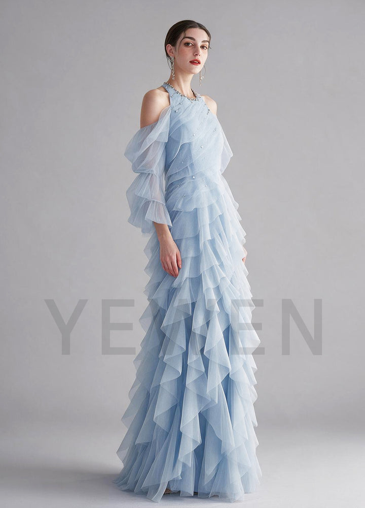 Halter Beaded Neckline Tiered Ruffle Tulle Evening Gown YX005