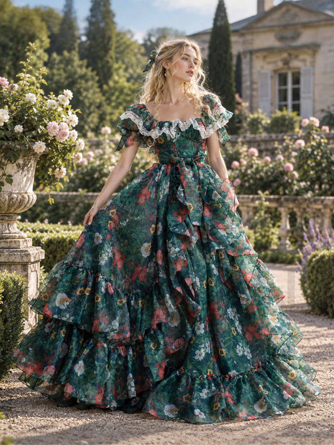 Green Floral Print Lace Ruffle Puff Sleeve Princess Dress YM260903