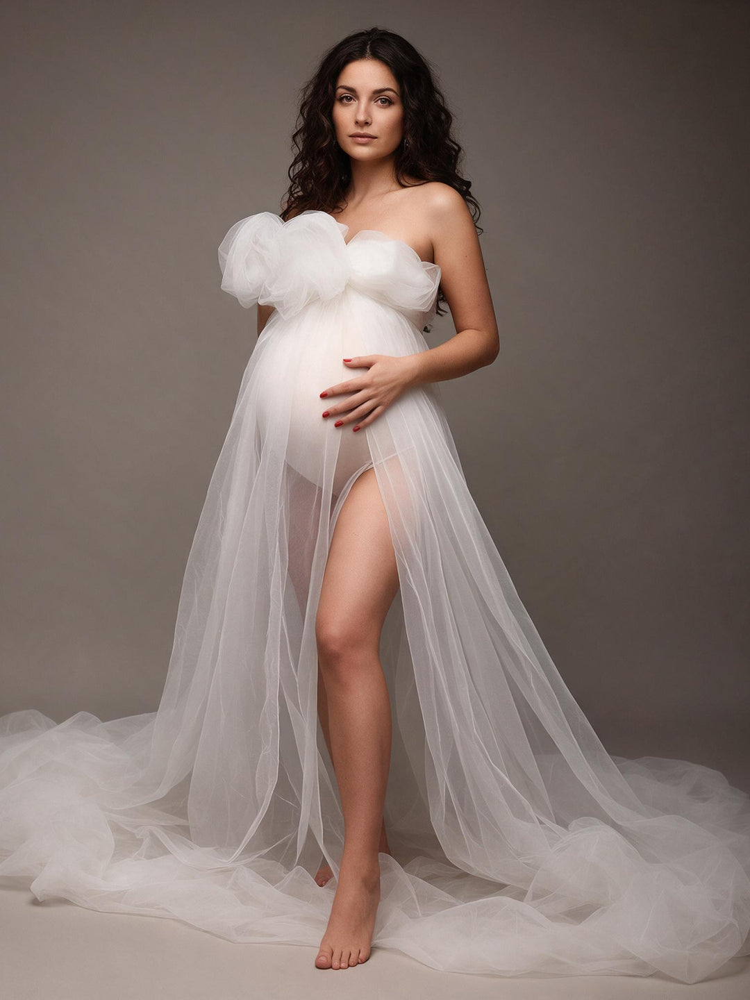 Strapless Tulle Bow Sheer Overlay Maternity Photoshoot Gown YW2609301