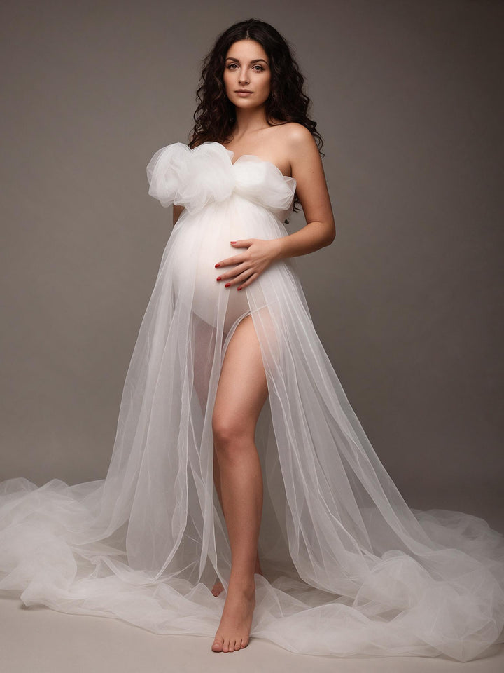 Strapless Tulle Bow Sheer Overlay Maternity Photoshoot Gown YW2609301