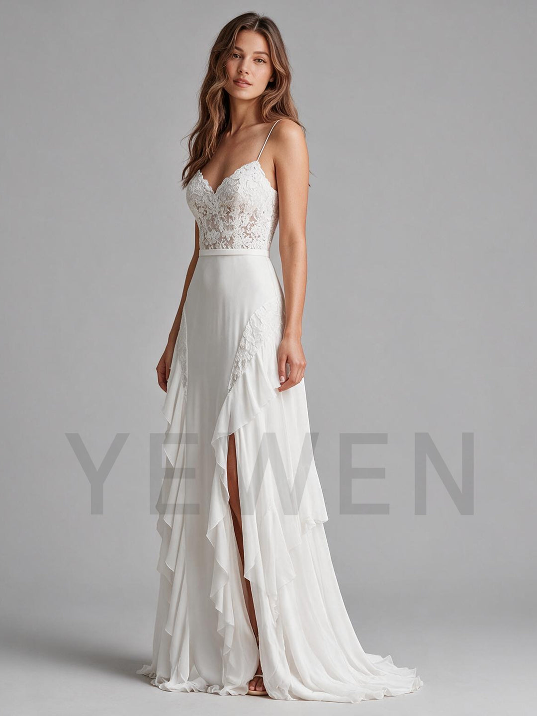Ivory Spaghetti Strap V-Neck Sheer Lace Corset Boho Wedding Dress