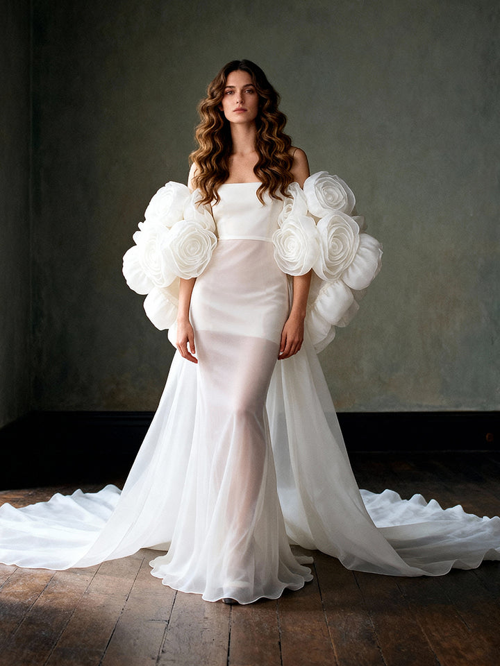 Bridal Cape, Wedding Cape, Billowing Cape, Organza 3D Flower Cape, Rose Bridal Shrug, Couture Cape For Photoshoot YW250028