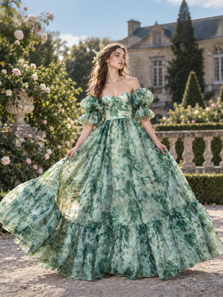 Green Floral Print Off-Shoulder Puff Sleeve Princess Dress YM260902